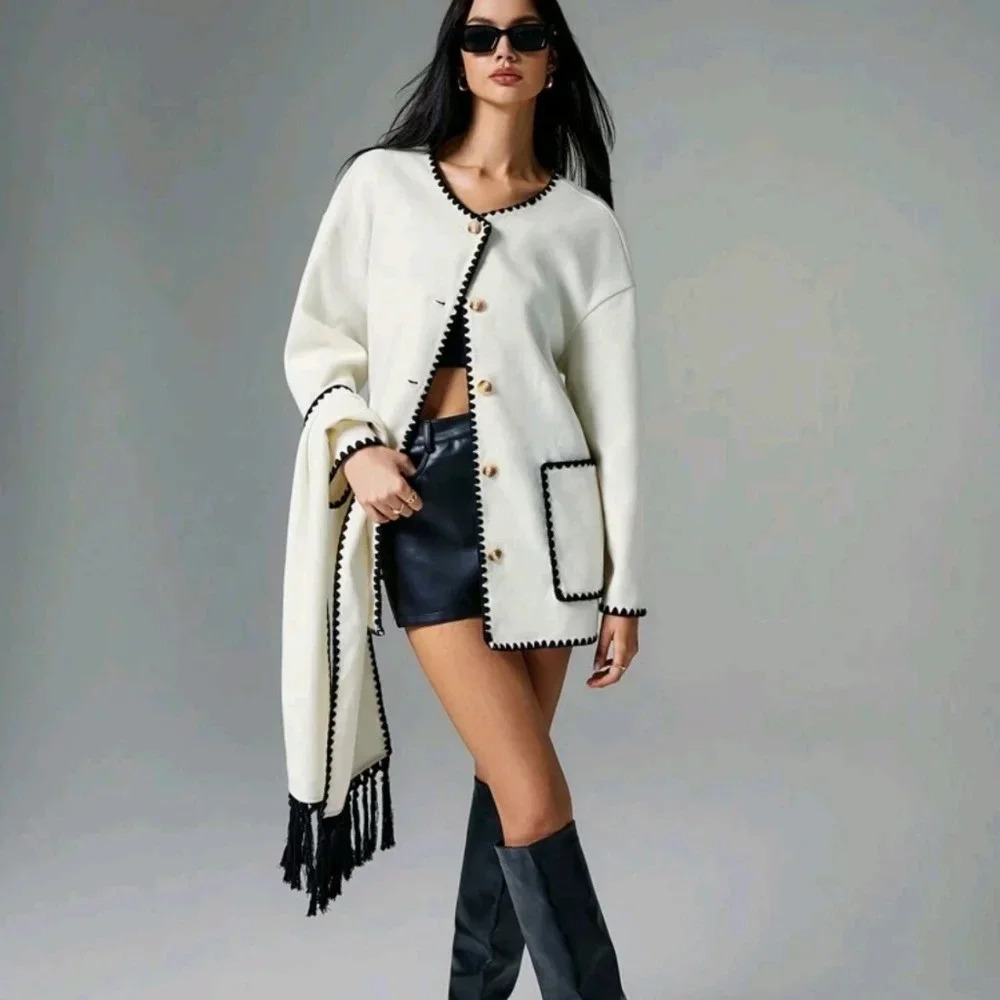 Coat With Scarf Collar, Mid-Length Sweater Coat, - Picture 6 of 6